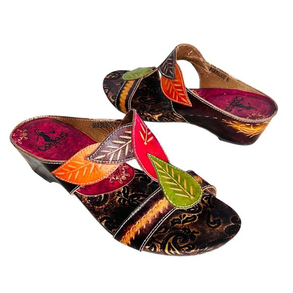 Corkys Shoes Size 6 Barbados COLORFUL Leather Slide Sandals Floral Boho Hippie - Picture 1 of 12